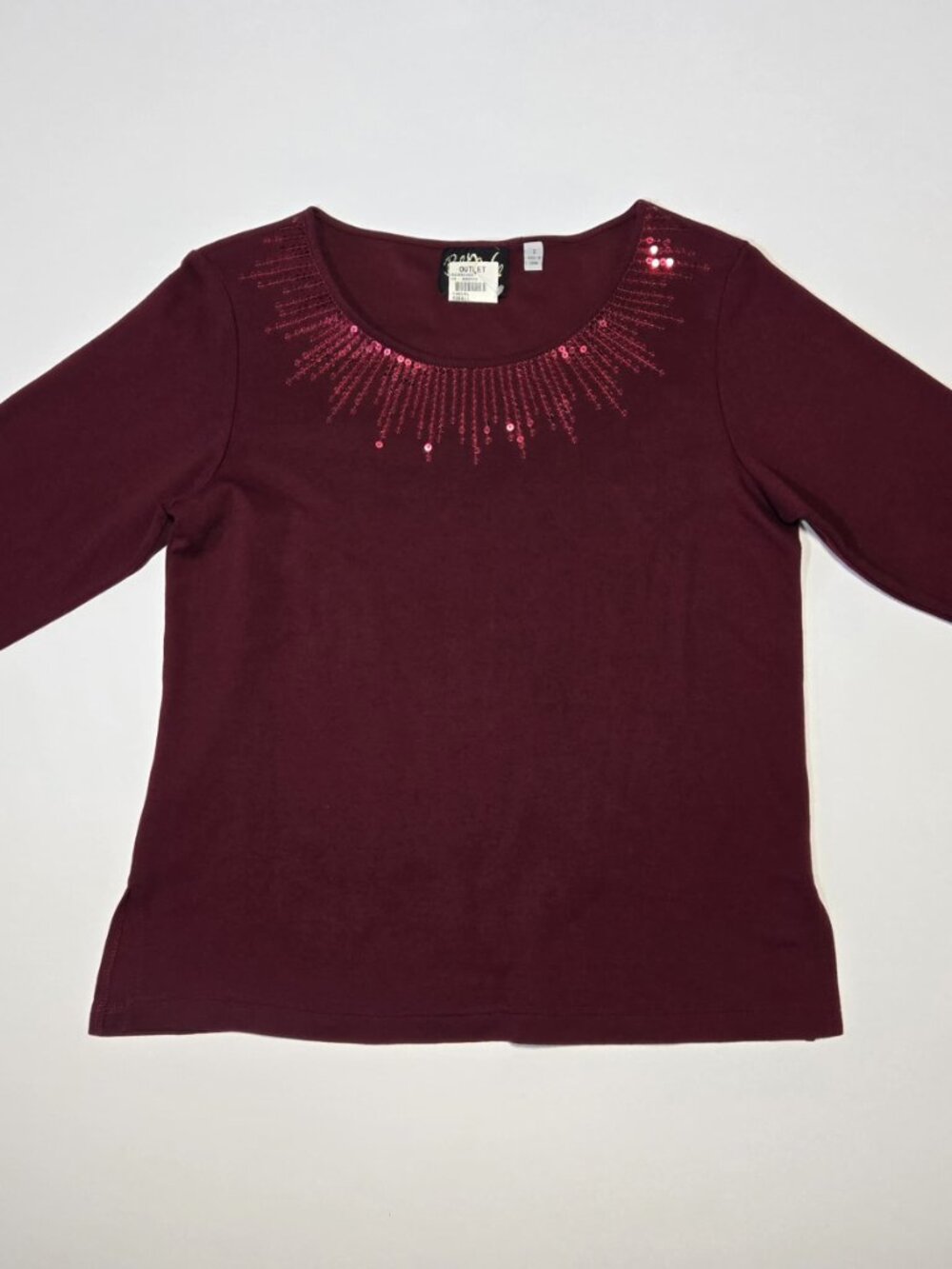 NWT Bob Mackie Wearable Art Burgundy Sequin sunburst Top Women 3/4 Sleeve Size S